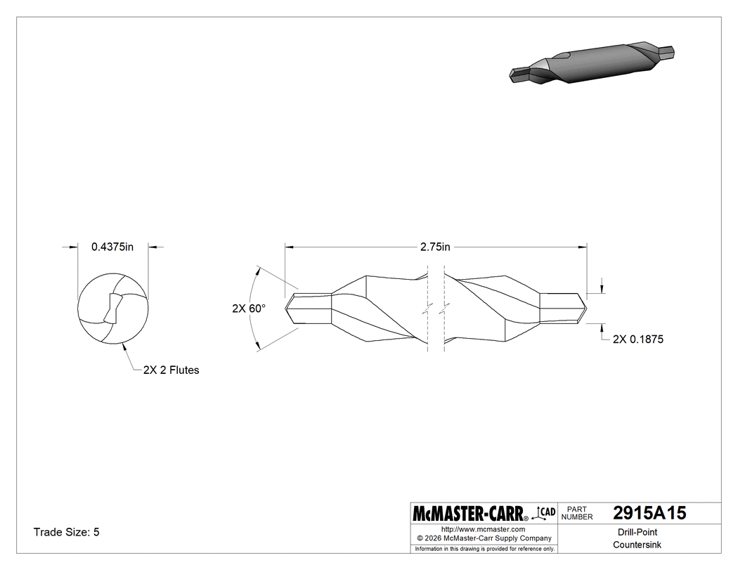 Technical Drawing of Center Drill, High-Speed Steel, 60 Degree Countersink, Trade Size 5, 2-3/4" Overall Length .